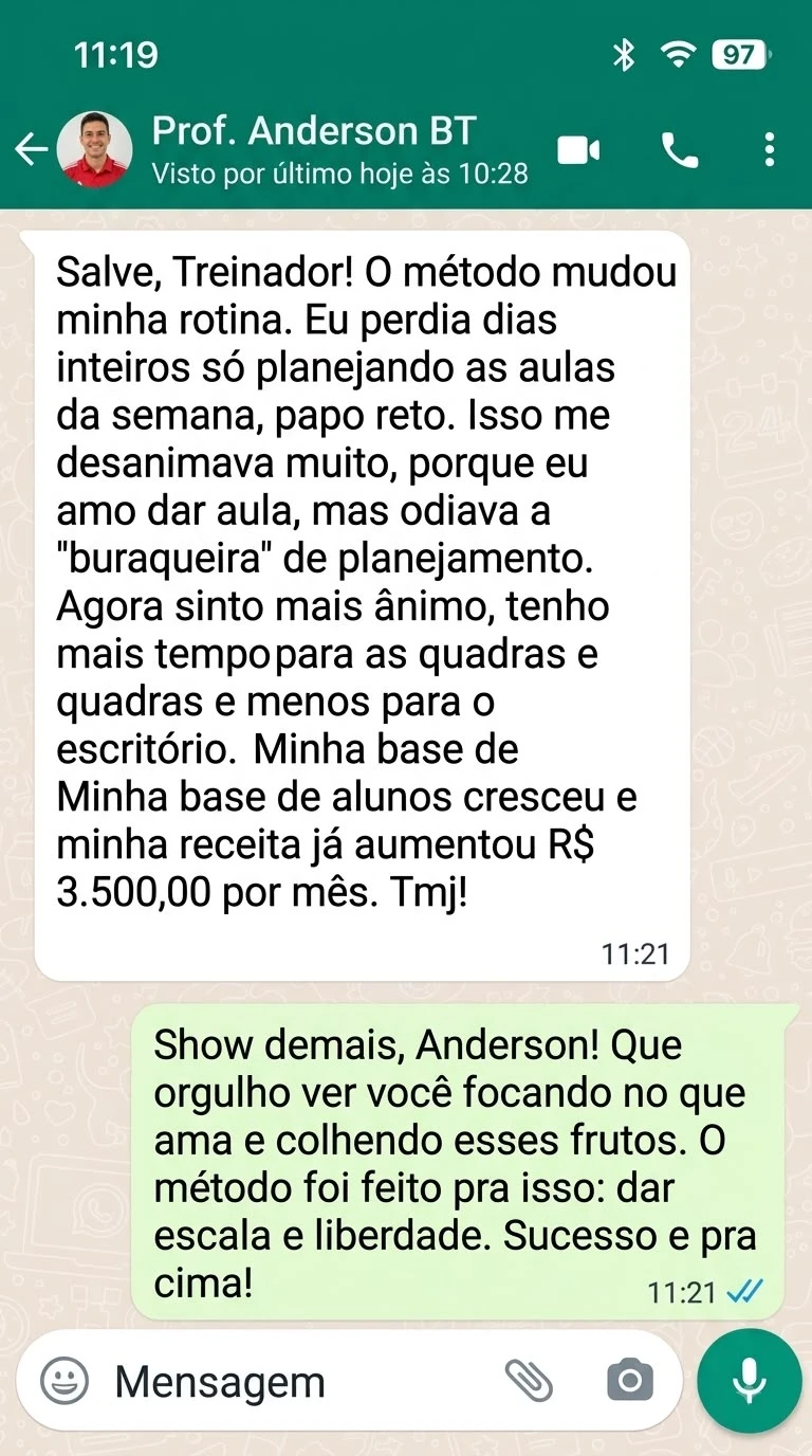Captura de conversa no WhatsApp com depoimento de Prof. Anderson BT