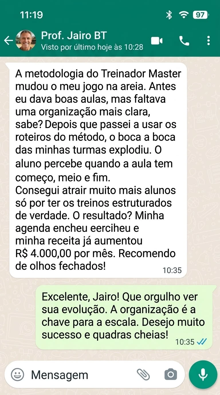 Captura de conversa no WhatsApp com depoimento de Prof. Jairo BT
