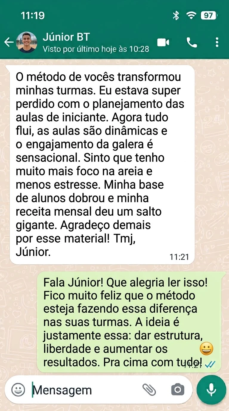 Captura de conversa no WhatsApp com depoimento de Júnior BT