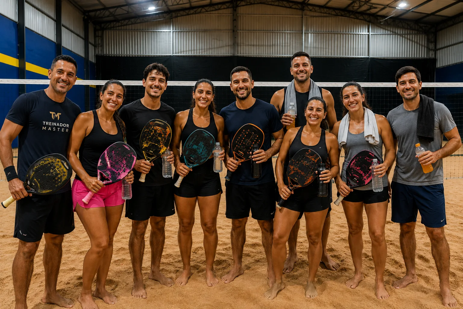 Professor de Beach Tennis com alunos após uma aula em arena coberta